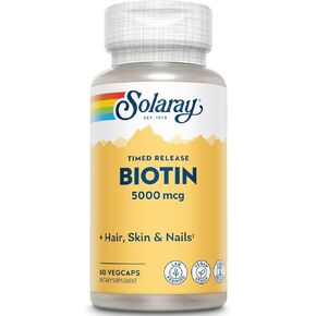 Solaray Biotin 5000 mcg | Timed Release | Fast-Acting, Long-Lasting Healthy Hair, Skin & Nails Support | 60 VegCaps