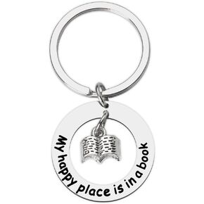 Book Lovers Gifts Keychain for Men Women Reading Gifts for Book Lover Bookworm Birthday Book Club Gifts for Librarian Writer Bookish Gifts My Happy Place Is In A Book Keychains for Book Readers