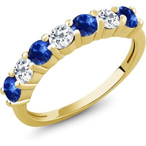 Gem Stone King 18K Yellow Gold Plated Silver Round Blue Sapphire White Topaz Anniversary Ring For Women (1.53 Cttw, Gemstone Birthstone, Available in size 5, 6, 7, 8, 9)