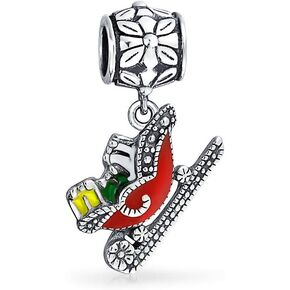 Colorful Christmas Tree Set Of 3 Snowman, Red Hat Santa Claus & Sled Charm Bead For Women Teen Enamel .925 Sterling Silver Fits European Bracelet