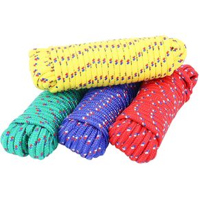 4 Pack Diamond Braid Polypropylene Rope, 3/8 Inch x 200 Feet All Purpose Poly Rope High Strength and Weather Resistant, Good for Tie Pull Swing Climb and Knot (Red/Yellow/Blue/Green)
