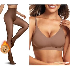 Vertvie Fleece Lined Tights(Coffee Sheer,L-XL,220g)+Seamless Bra(Coffee,L)