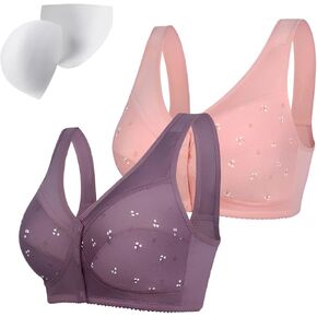 Daisy Bras for Older Women, Front Closure Bra, No Underwire, with Movable Pad, More Comfortable and Convenient Pink-Purple 40