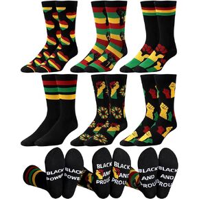 6 Pairs Funny Black History Month Socks for Men African Flag Crew Socks Juneteenth Black Power Casual Socks Novelty Holiday Gift for African Men