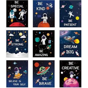ELGGIH 9 PCS Outer Space Themed Decor Space Decorations Wall Art Prints Rocket Spaceship Planet Pictures for Kids Bedroom Classroom 8 x 10 Inch UNFRAMED