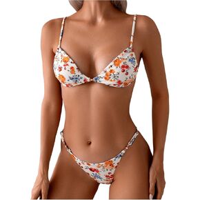 WDIRARA Women's 2 Pieces Bikini Sets Floral Print Spaghetti Strap Thong Swimsuits Bathing Suit