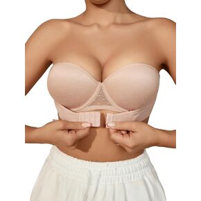 OYOANGLE Women's Strapless Full Coverage Underwire Push Up Bras Front Buckle Non Slip Lift Bandeau Bralettes