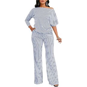 JTNFairy Womens Striped Two Piece Outfits Plus Size Casual One Shoulder 3/4 Sleeve Tops Elastic Waisted Straight Leg Pants
