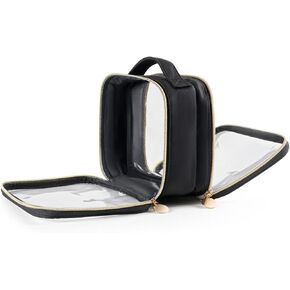 Yarnic Clear Travel Makeup Bag Transparent Portable Toiletry Bags Two Compartments Cosmetic Bag with Handle Nylon and PVC Makeup Organizer Pouch Black
