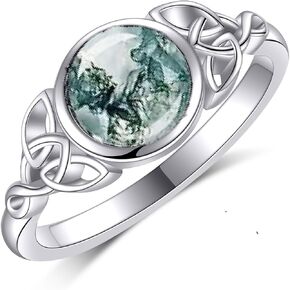 YAFEINI Natural Moss Agate Ring 925 Sterling Silver Green Cletic Moss Agate Ring Engagement Wedding Jewelry Gift for Women