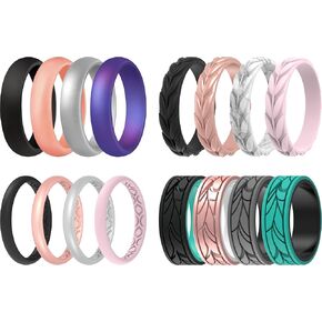 ThunderFit Silicone Wedding Bands for Women, Classic Leaf and Thin Patterned 16 Mixed Rubber Engagement Rings