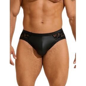 comeondear Men's Thong Underwear Plus Size Sissy Clothes for Men PU Leather Spliced Lace Briefs Breathable Jockstrap Black