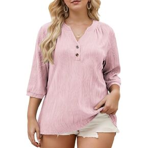 DOLNINE Women's-Plus-Size-Tops 3/4 Length Sleeve T Shirts Trendy Casual Blouses Loose Fit V Neck Buttons Tunics XL-5XL