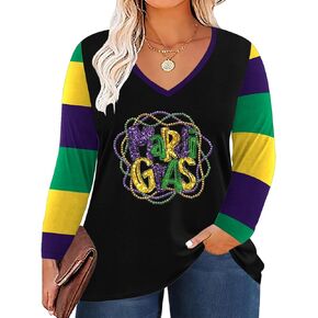 Plus Size Mardi Gras Shirt: Fat Tuesday Carnival Vneck Tshirt Carnival Outfit Long Sleeve Tops
