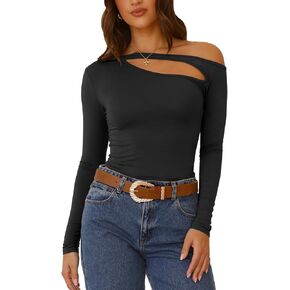 Women's Long Sleeve Off Shoulder Shirts Cutout Casual Slim Fitted Basic Tee Tops