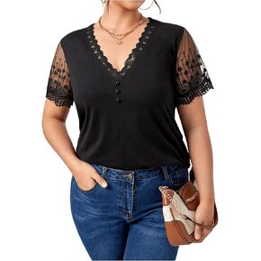 OYOANGLE Women's Plus Size Floral Lace Mesh Tee Top Scallop Trim V Neck Short Sleeve Summer Tee Tops