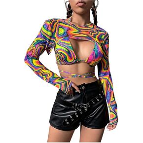 تيشيرت نسائي من GORGLITTER Y2K عاكس للضوء Rave Super Crop Top شبكي بأكمام طويلة للمهرجانات