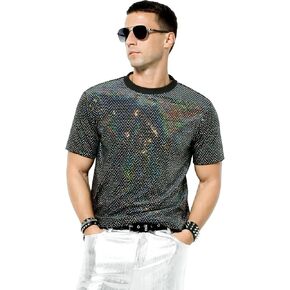 Arjen Kroos Men's Short Sleeve Luxury Sequin T-Shirts Sparkly Velvet Dress Shirts