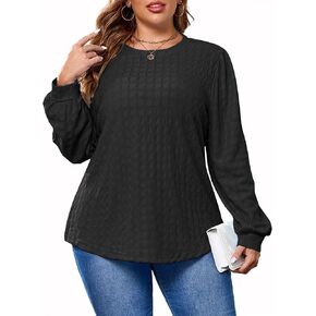 Plus Size Tops for Women Trendy Casual Long Sleeve Textured Solid Color Round Neck T Shirts Fall Winter Blouse 1XL-5XL