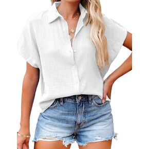 IN'VOLAND V Neck Button Down Shirts for Women Casual Work Solid Short Sleeve Blouse Tops Summer