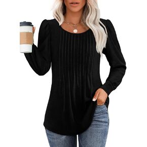 Womens Long Sleeve Shirts Fall Tops Business Casual Blouses Button Pleated Dressy Puff Sleeve Tunic