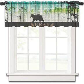 OUR DREAMS Semi-Sheer Valance Curtains, Retro Bear Forest Black Silhouettes Small Window Treatment Panel - 54 x 18 Inch, Green Teal 54inchW x 18inchL
