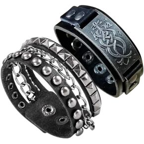 2pcs Punk Leather Cuff Bracelets - Goth Rock Leather Wristbands with Chain for Party