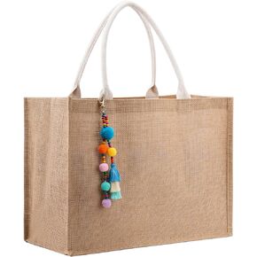 Burlap Beach Tote Bag with Handles for Women, Waterproof Woven Jute Tote Bag for Travel