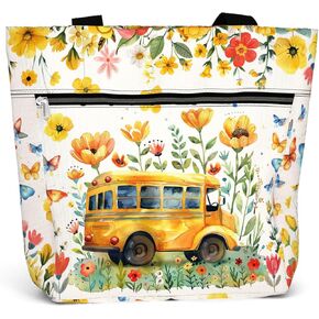 84hoods Large Waterproof Tote Bag with Pockets and Zipper for Work. Gift for Bus Driver. Shoulder Bag for Women. Aesthetic 15 inch Bag. Flower Pattern.