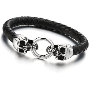 COOLSTEELANDBEYOND Mens Stainless Steel Skull Bracelet, Genuine Braided Black Leather Bangle with O Ring Clasp