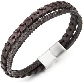 COOLSTEELANDBEYOND Men Womens Brown Double-row Braided Leather Bracelet Bangle Wristband