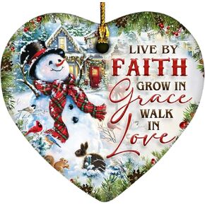 2024 Christmas Ornament - Inspirational Snowman Ceramic Ornament - Live by Faith, Grow in Grace, Walk in Love, Keepsake for Faithful Celebrations, for Family, Friends