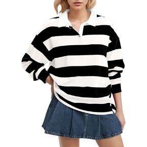 MISSACTIVER Women Stripe Sweatshirt Long Sleeve Button Down Lapel V Neck Color Block Casual Loose Pullover Sweater Tops