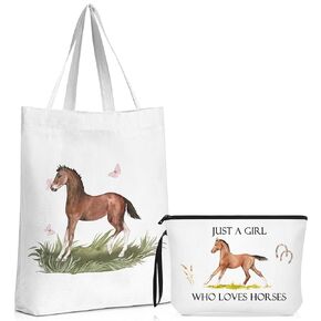 Sieral 2 Pcs Horses Makeup Bag Horses Tote Bag Horse Cosmetic Bags Portable Makeup Zipper Pouch and Canvas Tote Bag Reusable Horse Lover Gift for Girl Women Travel Funny Shopping, White