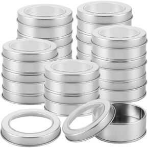 50 Pcs 2 Ounce Metal Tin Cans with Clear Lid, Silver Round Tin Container, Refillable Empty Salve Containers for Cosmetic, Candles, Candies, Spices