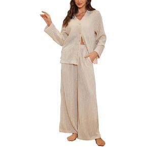 Women's 2 Piece V Neck Button Down Textured Sweatshirt Wide Leg Pants Lounge Set with Pocket Tracksuit