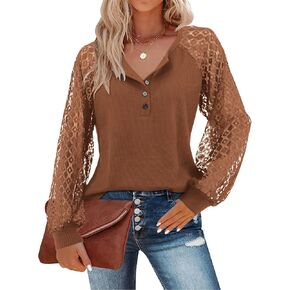Amoretu Womens Casual Henley V Neck Tops Lace Long Sleeve Blouse Loose Soft T-Shirts