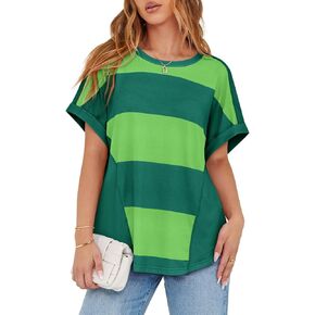 Tankaneo Womens Tops Summer Short Sleeve Color Block Casual Tunic Blouses Crew Neck Striped Oversized T Shirts