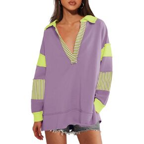 SENSERISE Womens Oversized Striped Shirt Long Sleeve Color Block Tops Casual V Neck Polo Shirts Pullover(Purple,L)