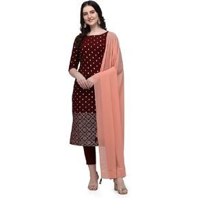 Women's Maroon Poly Crepe Straight Kurta with Pant and Dupatta