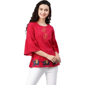 Yash Gallery Women's Cotton Slub Patch Work Top for Women