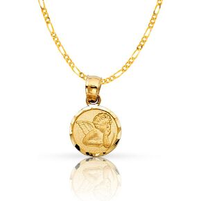 14K Yellow Gold Angel Charm Pendant with 1.2mm Figaro 3+1 Chain Necklace