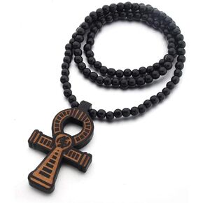 COLORFUL BLING African Egyptian Ankh Cross Pendant Handmade Wooden Beads Protection Coptic Ankh Necklace Religious Hip Hop Jewelry for Men Women-black brown