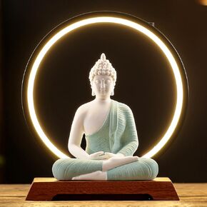 Houlu 8.7 Inch LED Buddha Statue for Indoor Home Decor – Ceramic Meditating Buddha with Halo Light, Small Red Buddha on Wooden Base – Zen Room Decor, Altar Decoration, Spiritual Gift