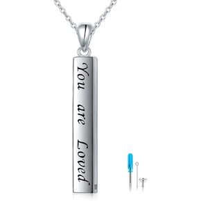 S925 Sterling Silver Bar Urn Necklace Engraved Pendant Eternity Cremation Jewelry for Ashes Memorial Love Forever Keepsakes Gifts Necklaces for Women Men Adjustable Silver Chain 18+2 Inches