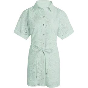 Women's Eyelet Lace Button Shirt Dress Loose Long Sleeve Casual Mini Dresses
