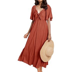 GOLDSTITCH Summer Dress for Women 2025 Casual Short Sleeve Bow Tie V Neck Smocked High Waist A-Line Flowy Midi Dress
