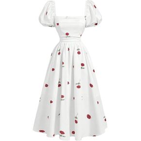 SOLY HUX Women's Floral Print Summer Dress Square Neck Puff Short Sleeve A Line Flared Midi Dresses