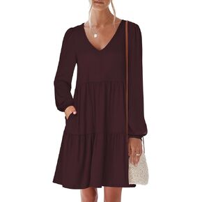 Womens Casual Dress Sweet Cute V Neck Mini Dress with Pocket Skin Friendly Fabric Long Sleeve Fall Dresses