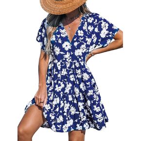 CUPSHE Women's Floral Notched V Neck Short Dress Ruffle A Line Short Sleeve Summer Mini Dresses